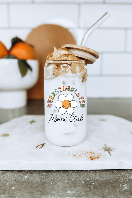 Boho + Babe Overstimulated Moms Club 16 oz Glass Cup with Bamboo Lid: cup photographed against white