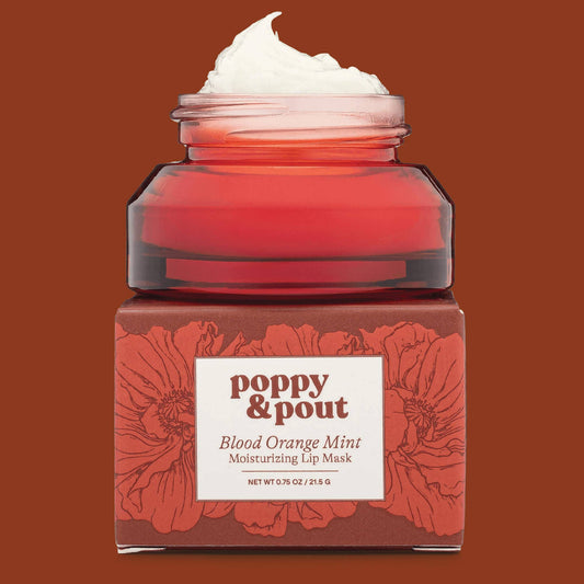 Poppy & Pout – Lip Mask - Blood Orange Mint, front product and branded packaging