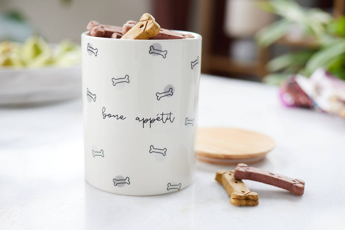 Bone Appétit Ceramic Dog Treat Jar with Wooden Lid
