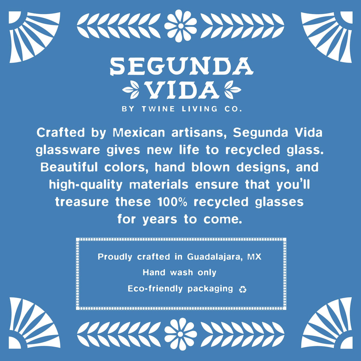 Twine – Segunda Vida El Ocaso Recycled Tumblers Set of 2, materials and sustainability information graphic; recycled glass