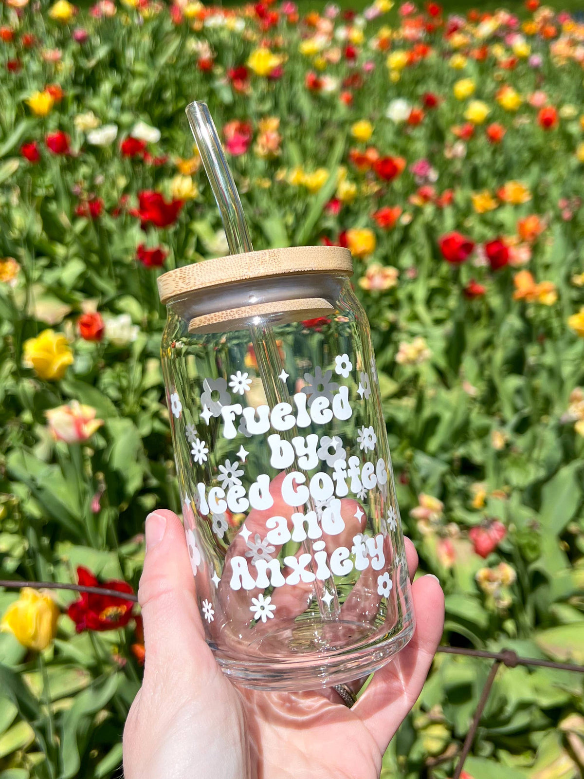 Fueled by Iced Coffee and Anxiety cup glass can 16 oz