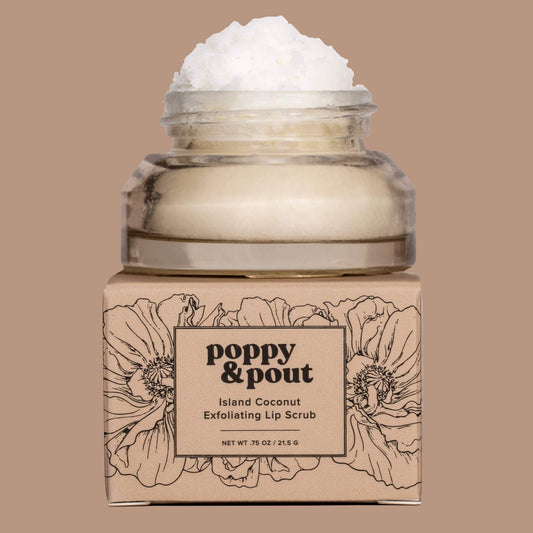 Poppy & Pout – Lip Scrub - Island Coconut, front product and branded packaging