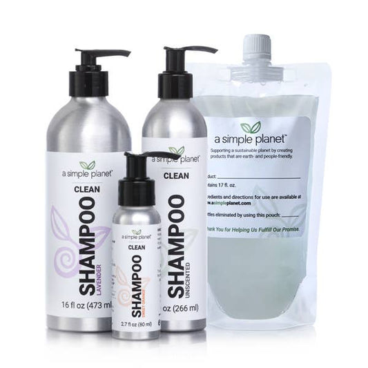 A Simple Planet biodegradable Clean Shampoo — assorted pump bottles and refill pouch