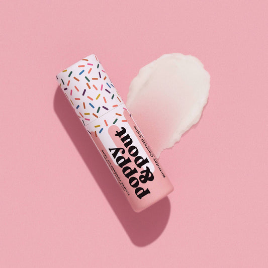 Poppy & Pout – Lip Balm - Birthday Confetti Cake, front product and branded packaging; vegan formula