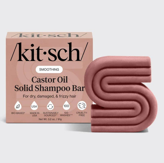 KITSCH – Castor Oil Nourishing Shampoo Bar, front product and branded packaging