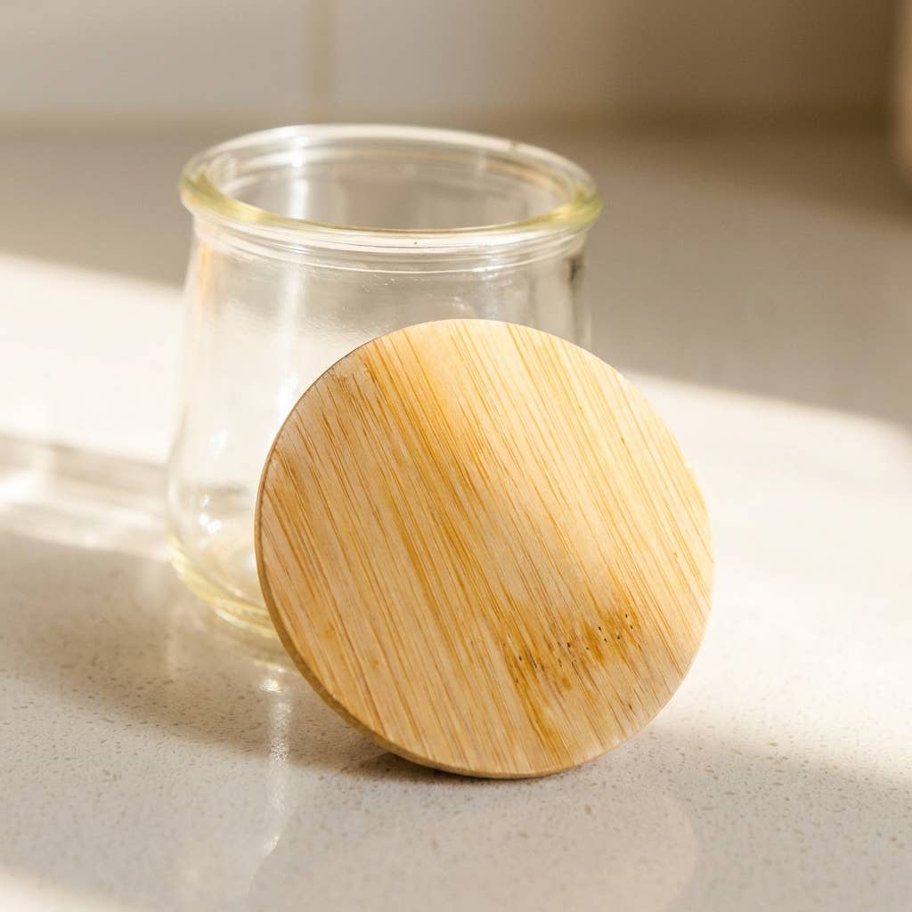 Bamboo Switch Oui Yogurt Jar Bamboo Lid - bamboo lid beside plain clear yogurt jar