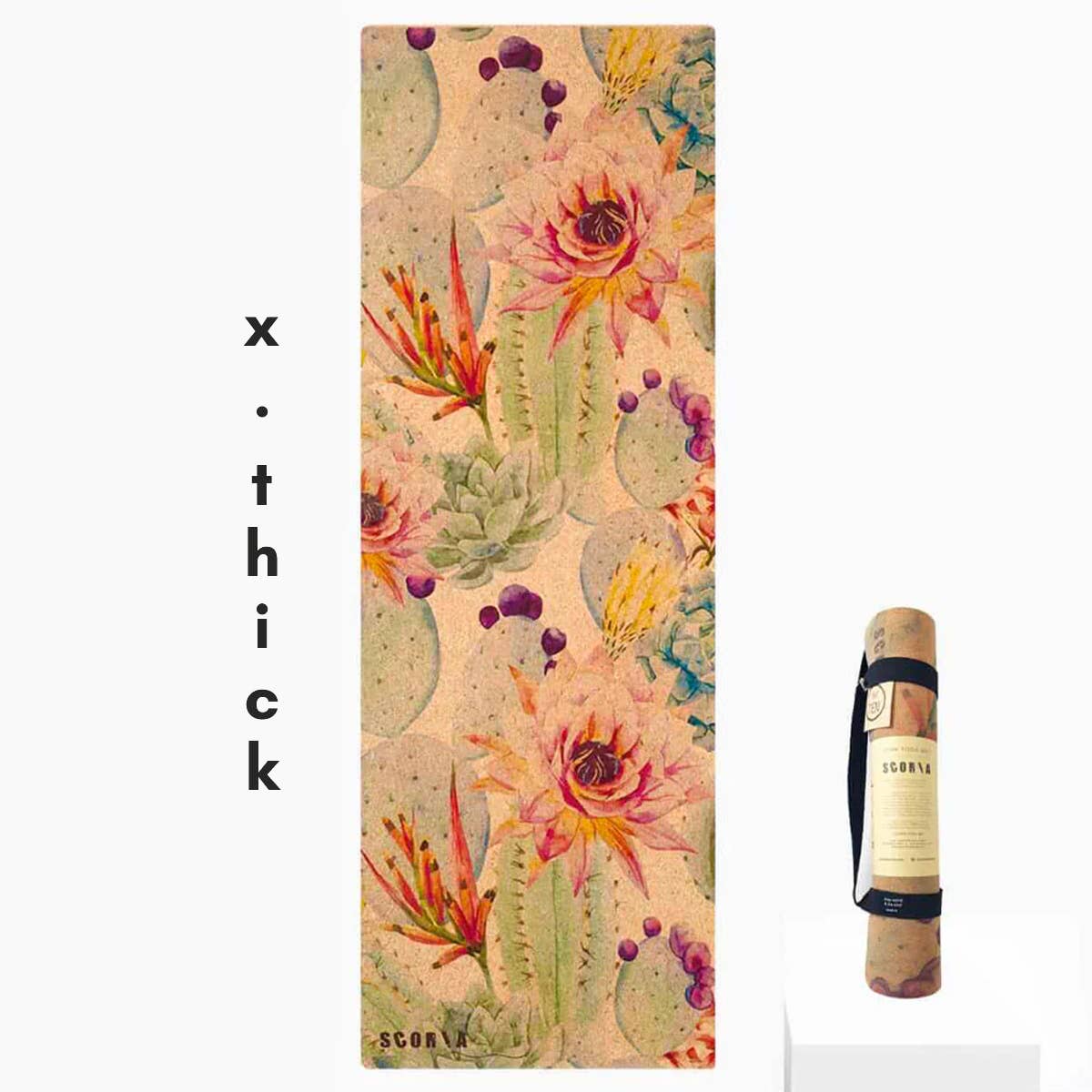 Scoria extra-thick cork botanicals yoga mat — floral printed yoga mat flat and rolled
