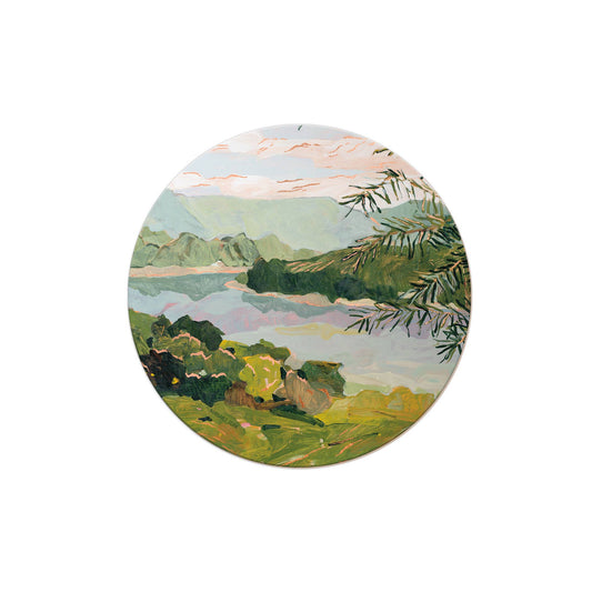 Seedlings River Bank Coaster - round coaster with river landscape painting