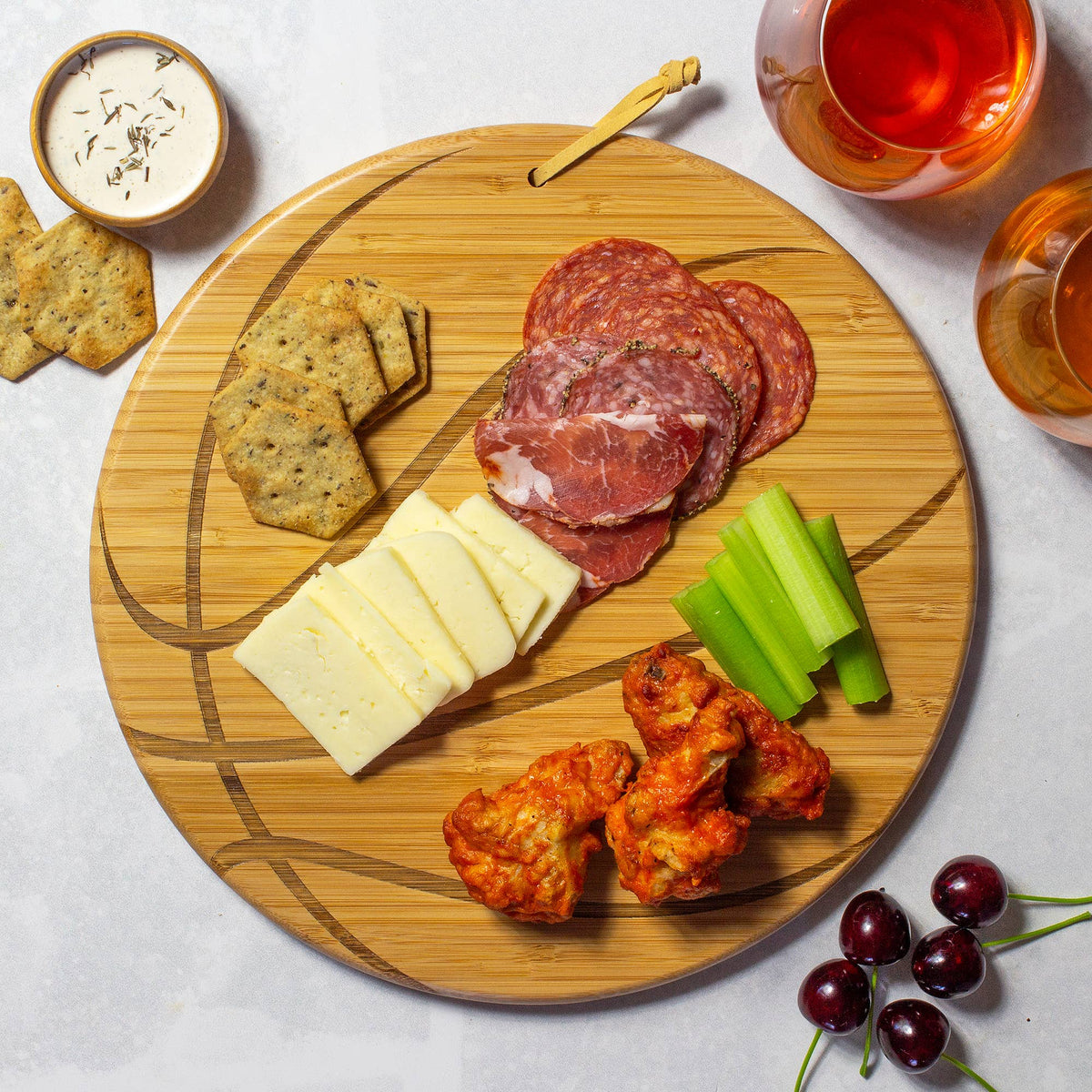 Totally Bamboo Basketball Shaped Cutting Board & Charcuterie Serving Tray: overhead view showing shape and; bamboo wood grain