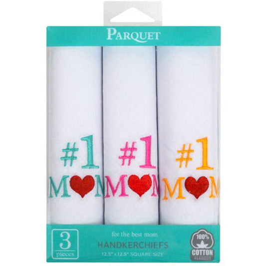 Selini New York Women's "#1 Mom" Cotton Embroidered Handkerchiefs 3pcs Set - three white embroidered #1 Mom hankies boxed