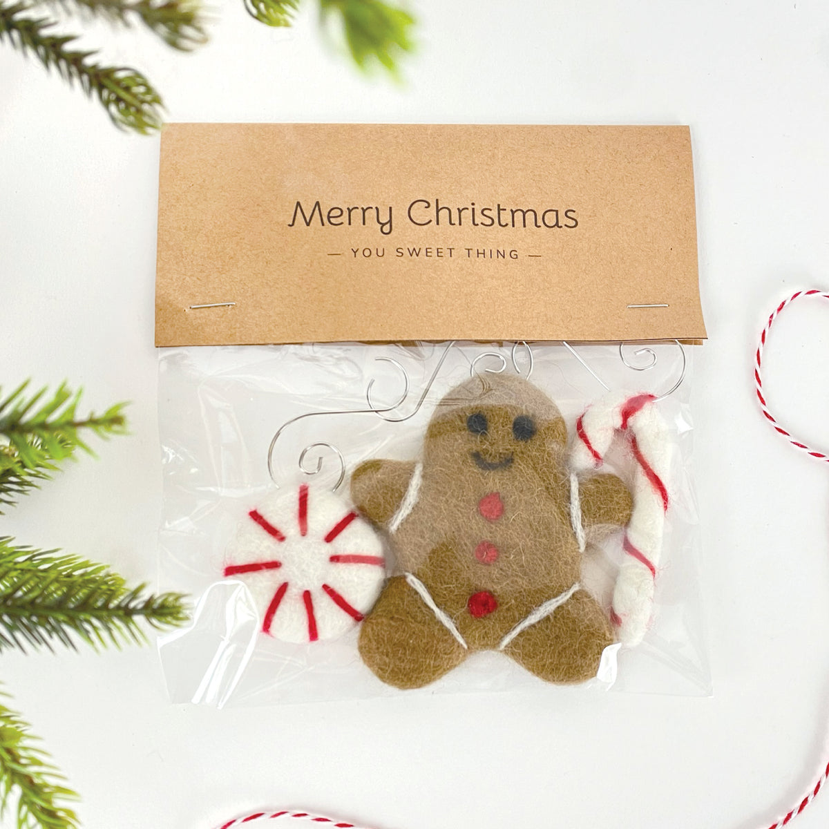 Sheep Farm Felt fair-trade felt Christmas ornament, festive packaged soft gingerbread felt Christmas ornament on white