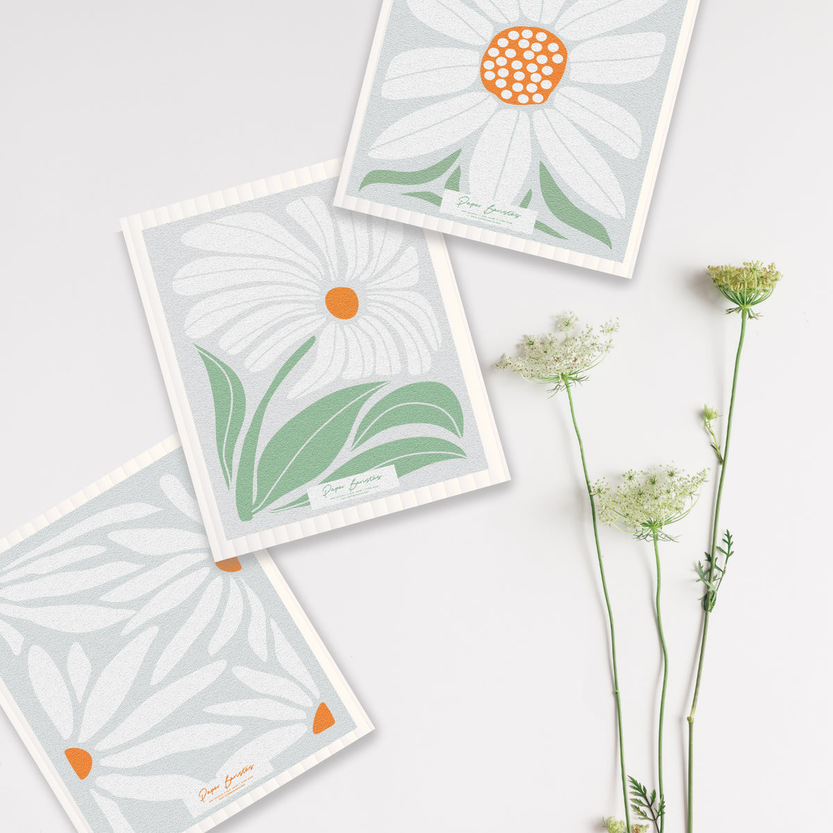 Paper Baristas compostable Swedish dishcloth set with daisies, daisy dishcloths styled with fresh white flowers