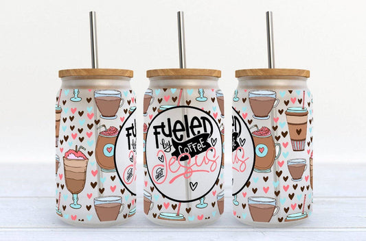 Kate Haven – Fueled by Coffee and Jesus 16oz Libby Glass Tumbler, isolated product on a plain background; bamboo cup lid