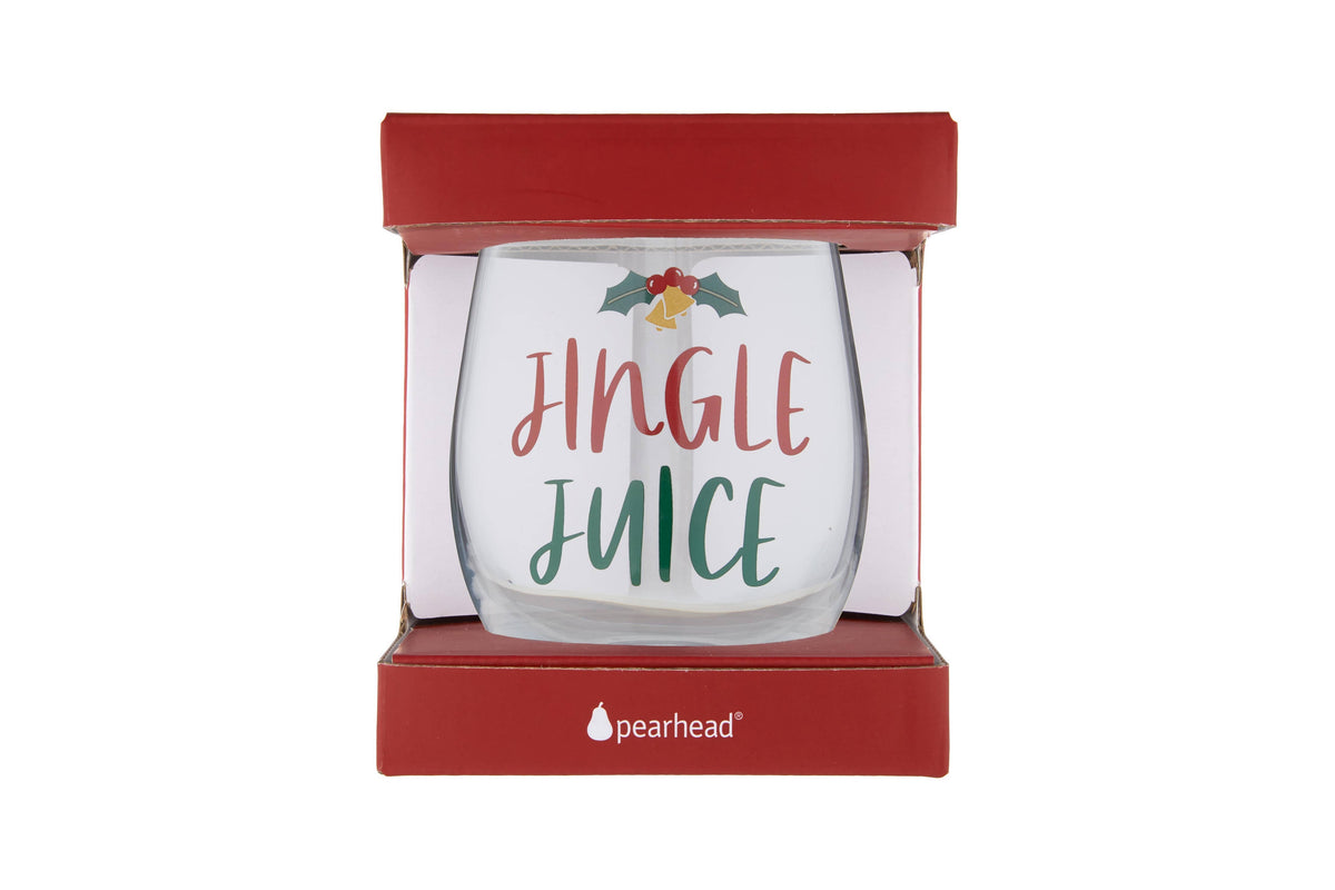 Pearhead festive Jingle Juice Christmas stemless wine glass — festive Jingle Juice glass inside retail box