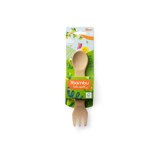 bambu® Kids Bamboo Spork (18m+) - children's bamboo spork in green paper sleeve; FSC-certified bamboo