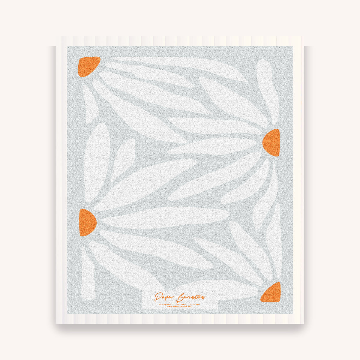 Paper Baristas compostable Swedish dishcloth set with daisies, close-up of muted blue daisy-printed dishcloth
