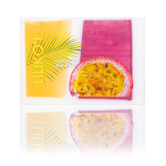 Maui Soap Co. Liliko'i Bar Soap with Kukui & Coconut Oil 6oz - yellow and pink liliko'i passion fruit soap wrapper front